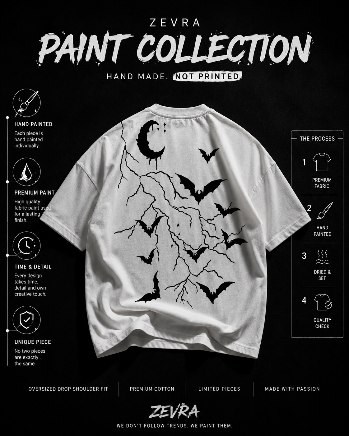ZEVRA Hand-Painted Bat Oversized T-Shirt | White & Black | 240 GSM